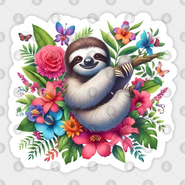 A sloth decorated with beautiful colorful flowers. Sticker by CreativeSparkzz